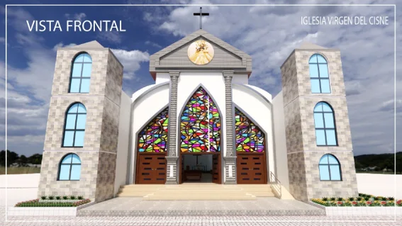 Vista frontal de la nueva Iglesia Virgen de El Cisne: dos torres de piedra, gran vitral de colores sobre el ingreso y la imagen de la Virgen en el frontón