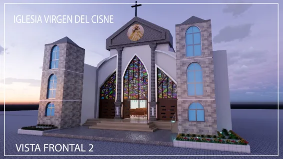 Vista en perspectiva de la nueva iglesia al atardecer, con los jardines del ingreso iluminados